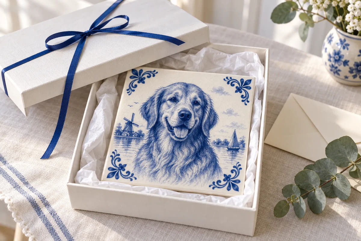 Photo tile of a dog in an open gift box with a blue ribbon
