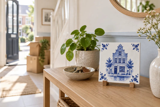 Hallway of a new home with a house portrait tile on a wooden stand