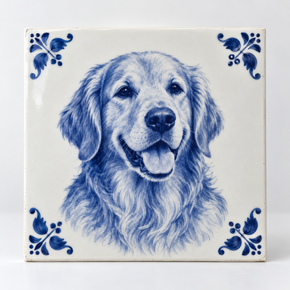 Delft blue photo tile with a portrait of a dog
