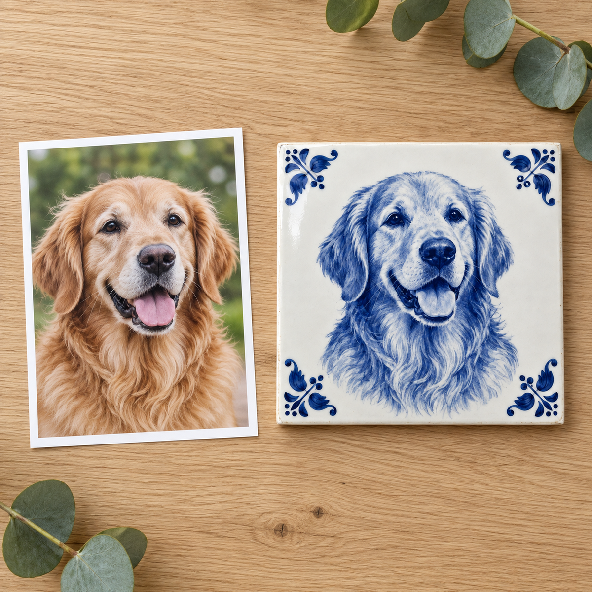 The original photo of the dog next to the Delft blue photo tile