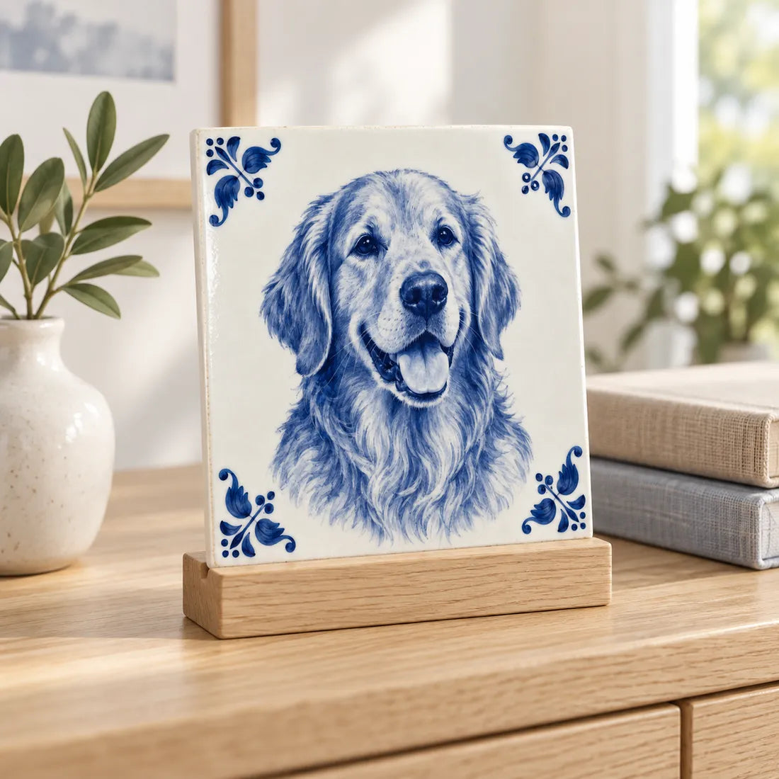 Photo tile on a wooden stand
