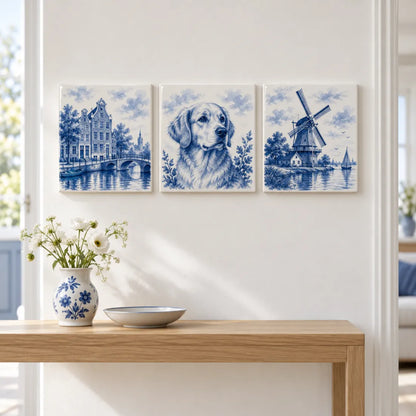 Three Delft blue tiles side by side on the wall
