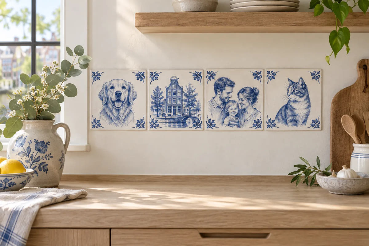 Four Delft blue photo tiles above a kitchen worktop