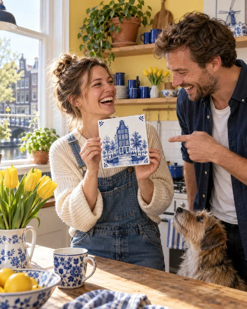 Couple happily looking at their tile of their house